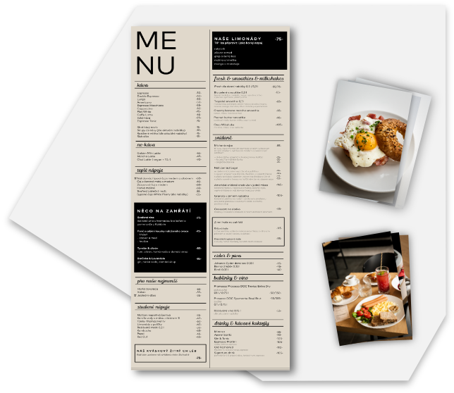 Picture with menu and photos of dishes.